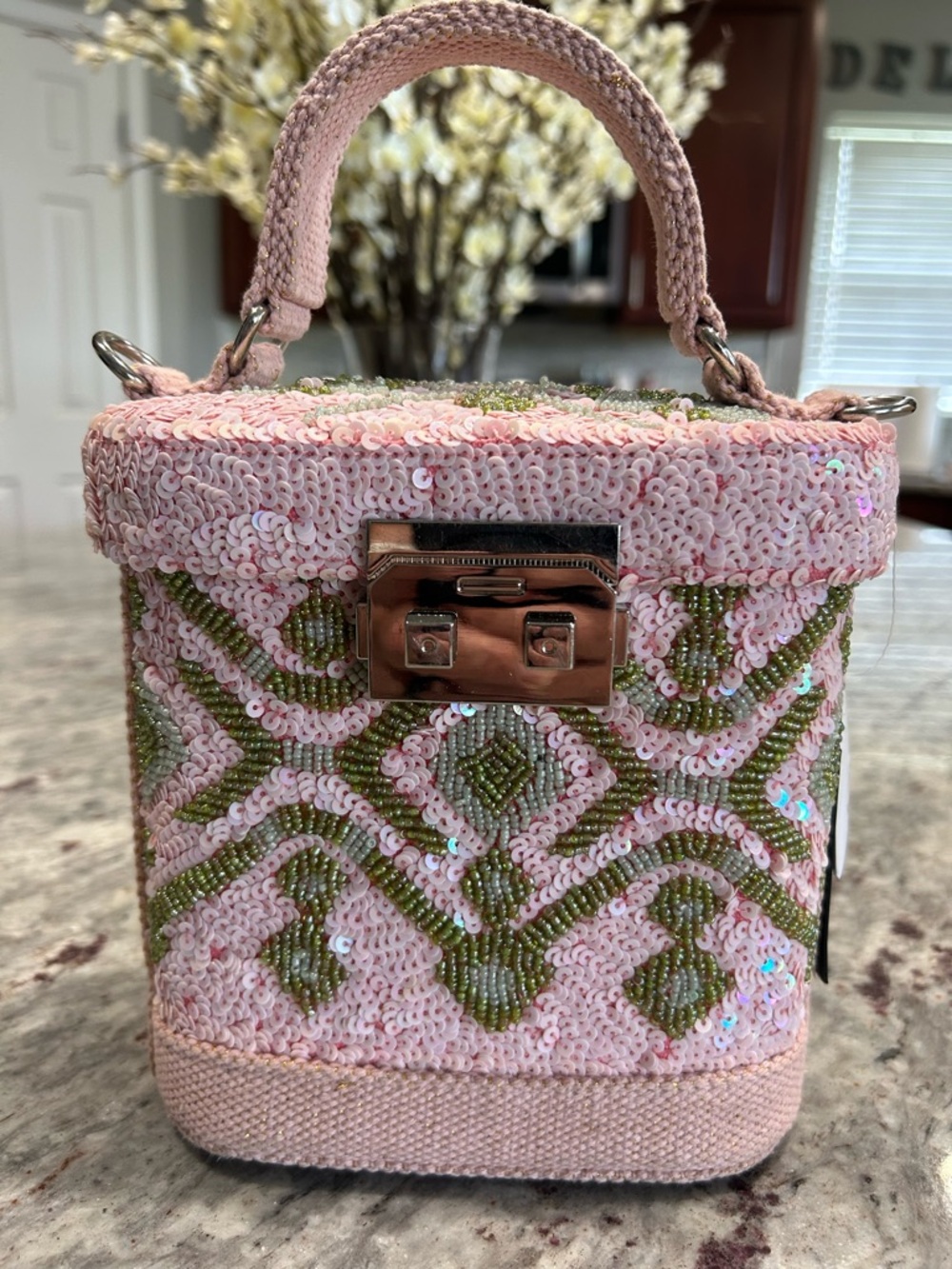 America & Beyond Pink & Green Mini Box Bag with Top Handle